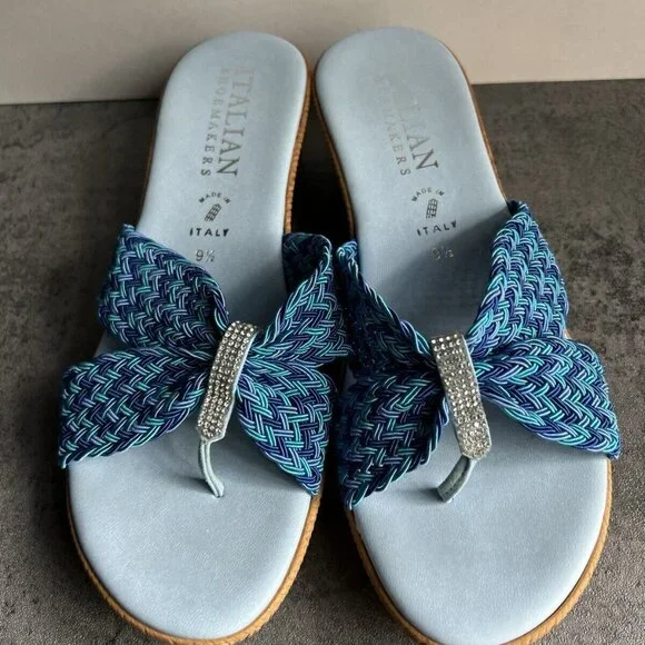 Italian Shoemakers Mixed Blue Rhinestone Sparkle Thong Wedge Sandals Size 9.5 M - Picture 2 of 16